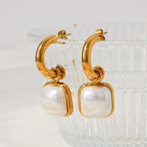 Stainless Steel Gold Plated Square Artificial Pearl Hoop Dangle Earrings Elegant Geometric Fashion Jewelry For Women