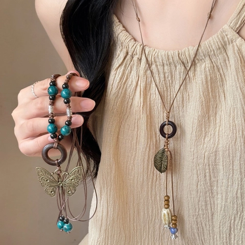 Lange Anhänger Halskette Legierung Schmetterling Blatt Holz Keramik Perlen Wachsseil Verstellbar Ethnisch Boho Vintage Schmuck Damen