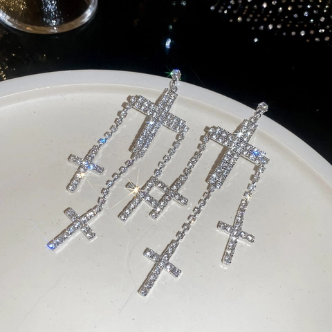 Cross Tassel Drop Earrings With Silver Earring Post Copper Rhinestone Encrusted Gothic Long Dangle Jewelry For Women