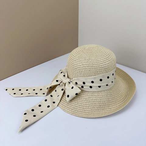 Women Straw Sun Hat Wide Brim French Polka Dot Bow Ribbon Elegant Foldable Beach Vacation Summer Paper Woven