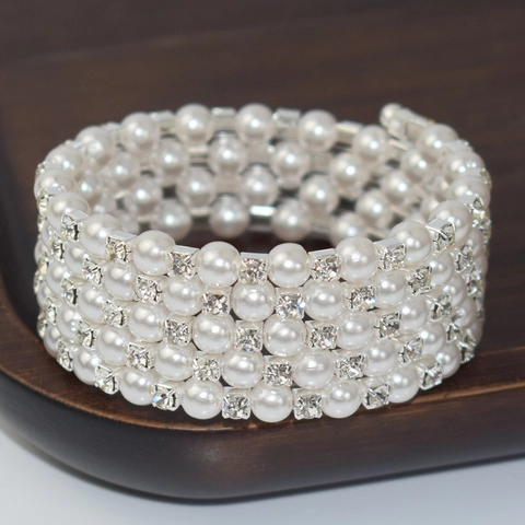 Multi Layer Artificial Pearl Rhinestone Wrap Bracelet Elegant Open Cuff Bangle For Women Fashion Jewelry