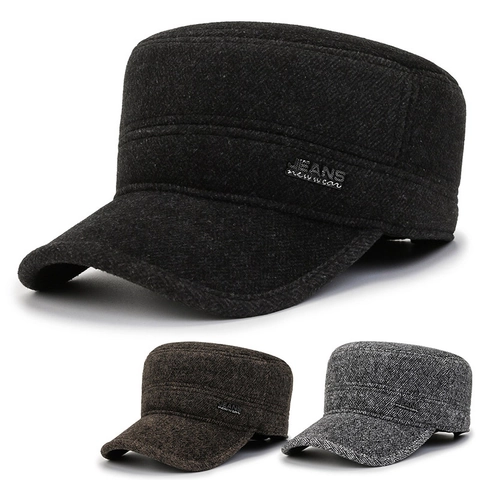 Men Winter Cadet Cap Wool Blend Warm Fleece Lined With Ear Flaps Windproof Vintage Military Hat For Outdoor Adjustable