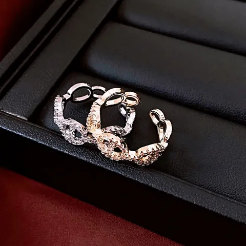 Interlocking Chain Link Open Ring Copper 14K Gold Plated Micro Pave Cubic Zirconia Adjustable Minimalist Luxury Women