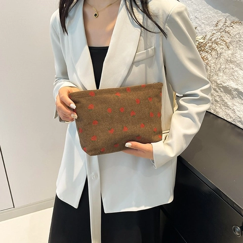 Bolso De Pana Con Estampado De Fresas Organizador De Cosméticos Bolsa De Almacenamiento Cremallera Dulce Mujer