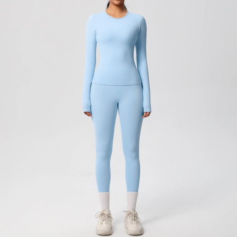 Damen Nahtloses Yoga Workout Langarm-Top Und Eng Anliegende Leggings Mit Hoher Taille Nylon Spandex Schnelltrocknend