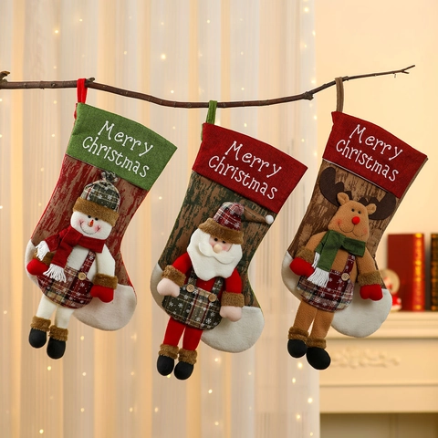 Christmas Stocking Large 3D Santa Snowman Reindeer Hanging Legs Plaid Polyester Plush Holiday Fireplace Decoration