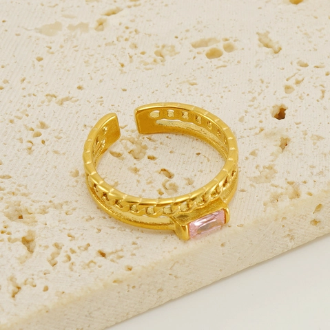 18K Vergulde Roestvrijstalen Verstelbare Ring Dubbellaagse Holle Kettingtextuur Rechthoekige Zirkoon Sieraden Voor Dames
