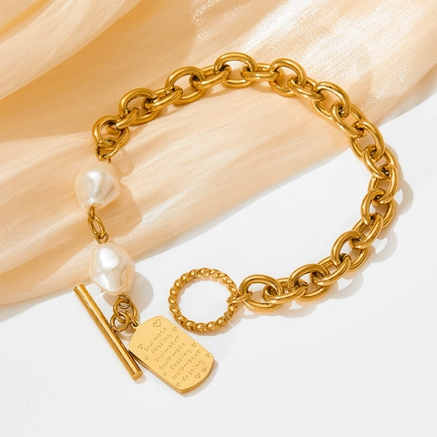 Bracciale In Acciaio Inossidabile Con Künstliche Perle Barocche E Pendente Rettangolare Inciso Soulmate Destiny Chiusura OT Gioielli Retrò Donne