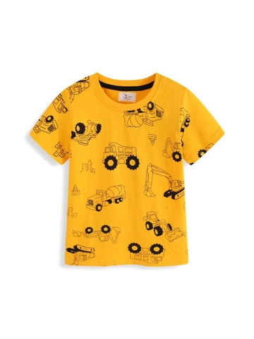 Boys Yellow Cotton Short Sleeve T-Shirt Cartoon Construction Vehicle Pattern Excavator Round Neck Kids Summer Casual Top
