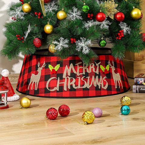 Weihnachtsbaumständer Rot Schwarz Karomuster Rentier Stickerei Baumring Basis Abdeckung Festliche Feiertags Haus Dekoration