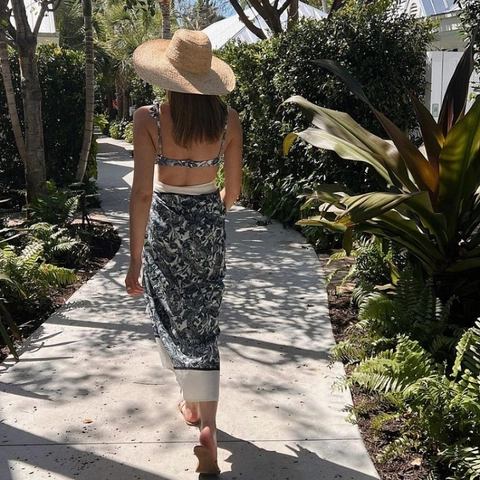 Blue White Botanical Dragonfly Print Ruffle Polyester Swimwear Bikini With Tie Sarong High Waist Beach Vacation For Women