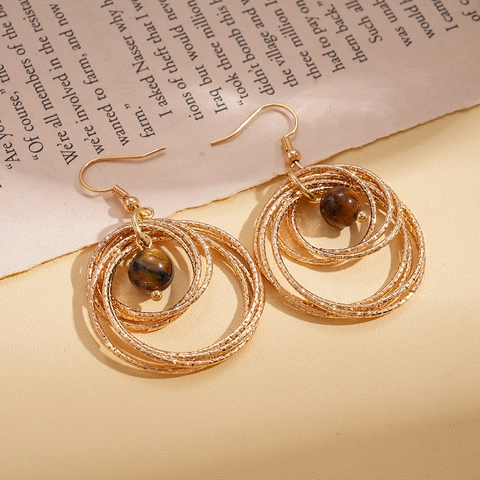 Geometric Drop Earrings With Iron Multi-Layer Circles And Tiger Eye Bead Vintage Gold Tone Jewelry For Women