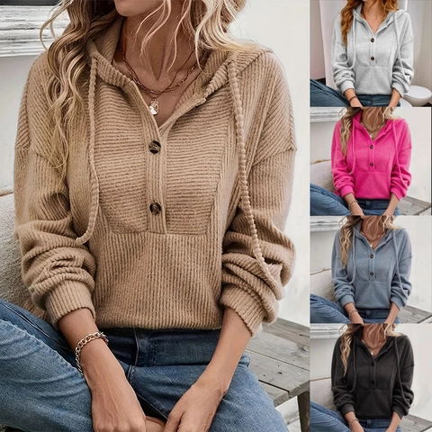 Women Hooded Sweatshirt Ribbed Knit Button Front Drawstring Long Sleeve Drop Shoulder Casual Loose Pullover Top