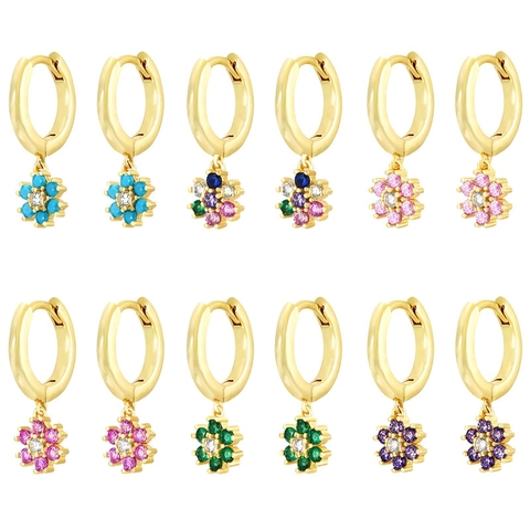 Flower Dangle Hoop Earrings Colorful Zircon Inlaid Copper Gold Plated French Vintage Jewelry For Women