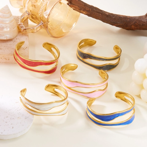 Vintage Irregular Wave Stainless Steel Open Cuff Bracelet For Women Fashion Colorful Enamel Double Layer Adjustable Bangle Jewelry