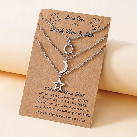 Sun Moon Star Anhänger Halsketten Edelstahl Kupfer Himmlischer Lagenschmuck Mit Botschaftskarte Geschenk Für Schwestern Freunde