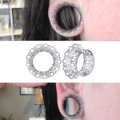 Ear Tunnel Gauge Electroplated Stainless Steel Hollow Mandala Flower Design Piercing Jewelry For Women Men Silver