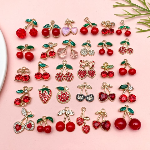 Cherry Strawberry Fruit Charms Zinc Alloy Enamel Rhinestone For DIY Jewelry Making Sweet Necklace Earring Pendants