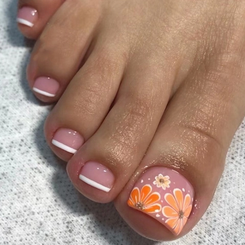 Plaknagels Voor Teennagels Frans Witte Tips Oranje Gele Bloemenpatroon Jelly Roze Glanzend