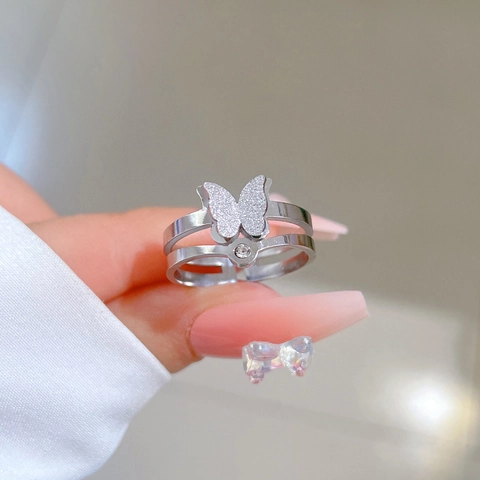 Vlinder Dubbellaagse Open Ring Titaniumstaal Mat Vlinder Met Zirkoon Minimalistische Sieraden Voor Dames Heren