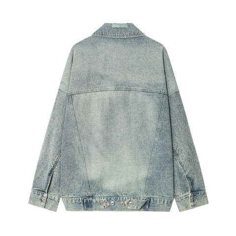 Damen Hellblaue Denim Jacke Baumwollmischung Oversized Langarm Distressed Casual Outerwear Mit Ripped Details