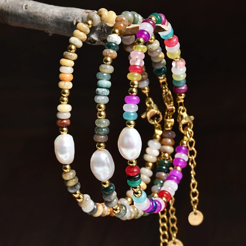 Bracelet En Perles Bohème Avec Agate En Pierre Naturelle Et Perle D'eau Douce Fermoir En Acier Inoxydable Bijoux Vintage