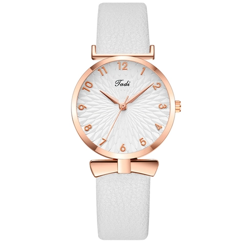 Women Fashion Quartz Watch With Bowknot Decor Rose Gold Alloy Case Faux Leather Strap Arabic Numerals Casual Wristwatch
