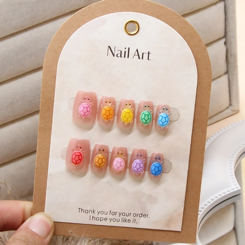 Uñas Postizas Hechas A Mano Cat Eye Rosa Nude Con Decoración De Tortuga 3D De Resina Colorida Dibujos Animados