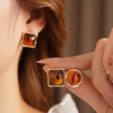 Vintage Amber Resin Stud Earrings With Silver Earring Post Geometric Square Round Gold Alloy Jewelry For Women