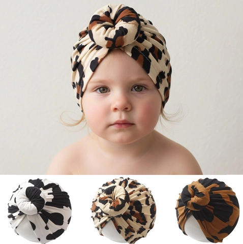 Baby Turban Hat Leopard Cow Print Donut Knot Soft Elastic Breathable Indian Style Headwrap For Toddler Infants