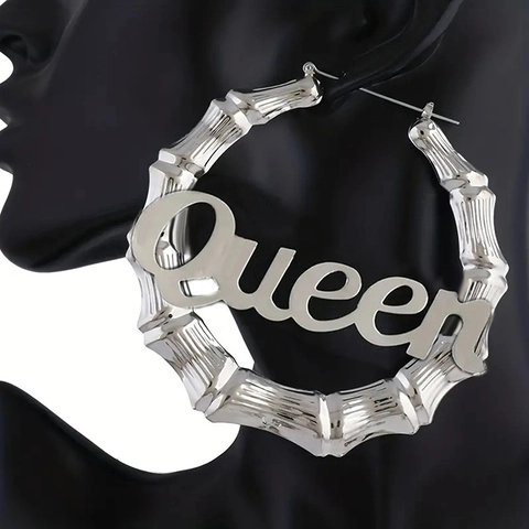 Queen Buchstabe Bambus Hoop Ohrringe Übergroße Hip Hop Metall Street Style Schmuck Für Damen
