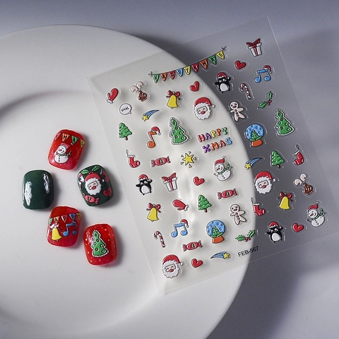 Autocollants Ongles Noël 5D Relief Père Noël Bonhomme De Neige Renne Auto-Adhésif Imperméable Décoration Fête Accessoire