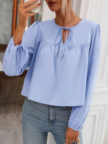 Blusa Mujer Poliéster Color Sólido Cuello Lazo Manga Abullonada Suelta Casual Elegante Top Pulóver Para Damas