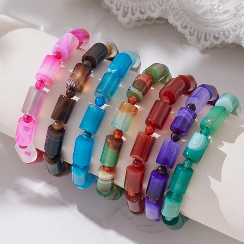 Bohemian Natural Stone Beaded Bracelet For Women Vintage Multi Color Agate Barrel Beads Elastic Ethnic Style Jewelry Gift