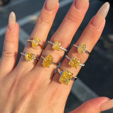 S925 Sterling Silver Ring For Women Yellow Zirconia Ice Flower Cut Heart Oval Square Radiant Pear Shape Wedding Jewelry