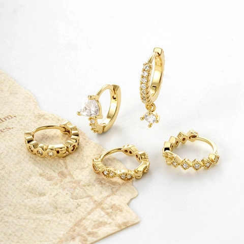 Vintage Retro Gold Copper Hoop Earrings With Micro Cubic Zirconia Heart Rhombus Dangle Piercing Jewelry For Women