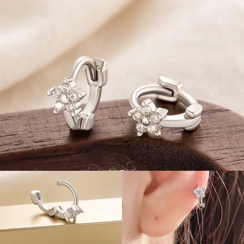 Micro Inlaid Zircon Flower Huggie Earrings Copper Mini Dainty Small Hoop Jewelry For Women Girls Sweet Floral Style