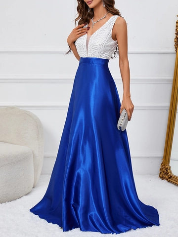 Sequin Satin Evening Dress For Women Patchwork Deep V Neck Sleeveless Backless Floor Length High Waist Party Gown Elegant