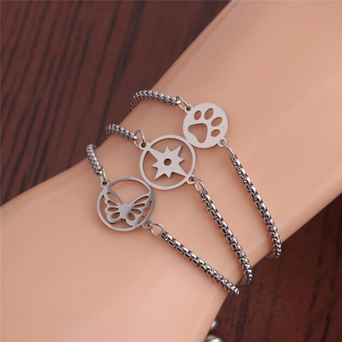 Pulsera Ajustable De Acero Inoxidable Unisex Cadena De Caja Minimalista Colgante Mariposa Estrella Gato Joyería