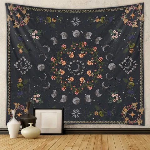 Bohemian Tapestry Wall Hanging Polyester Mystical Moon Phase Sun Star Wildflower Mushroom For Bedroom Home Decor