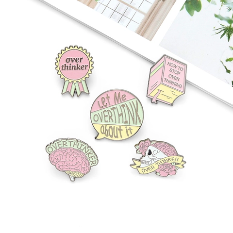 Creative Overthinker Slogan Alloy Brooch Enamel Pin Brain Skull Rose Book Shape Badge Macaron Color Fashion Jewelry For Women Men