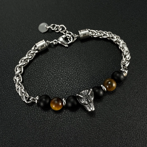Pulsera Cabeza De Lobo Para Hombre Acero Inoxidable Cadena Trenzada Ojo De Tigre Cuentas Negras Joyería Punk