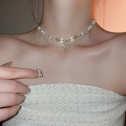 Collana Con Ciondolo A Cuore Multistrato Vintage Francese Lega Finta Perla Artificial Cristallo Strass Per Donna Elegante Stile Palazzo