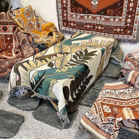 Bohemian Tropical Leaf Pattern Woven Throw Blanket Cotton Tassel Reversible Multifunctional Sofa Cover Camping Picnic
