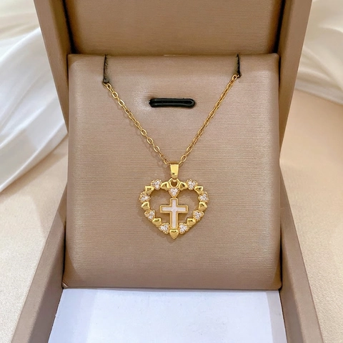 Collana Con Pendente A Cuore E Croce In Acciaio Inossidabile Con Zirconi Micro Pavé In Rame E Madreperla Da Donna
