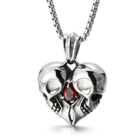 Collana Teschio Cuore In Acciaio Inossidabile Punk Goth Per Uomini Donne Ciondolo Zircone Rosso Retrò Gioielli