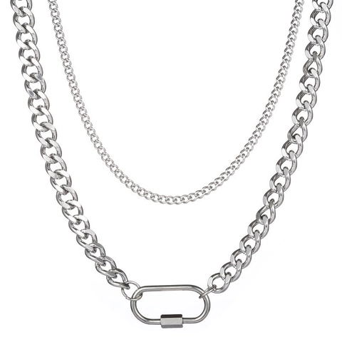 Stainless Steel Double Layer Necklace With Oval Carabiner Clasp Cuban Link Chain Industrial Minimalist Punk Jewelry