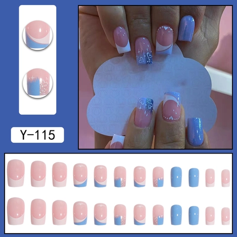 French Heart Press On Nails Glitter Square Fake Nails Blue Pink Artificial Fingernails For Women Girls DIY Manicure
