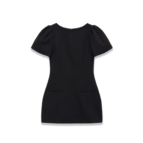 Women Short Sleeve Mini Dress Round Neck Bubble Sleeve Polyester Solid Color Casual Slim Fit Pocketed Fashion