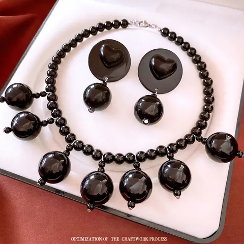 Vintage Black Acrylic Necklace And Earrings Jewelry For Women With Heart Round Beads And Silver Earring Post Retro